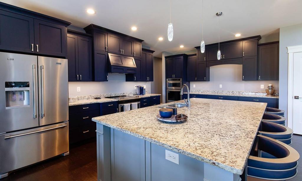 gray and dark blue cabinets