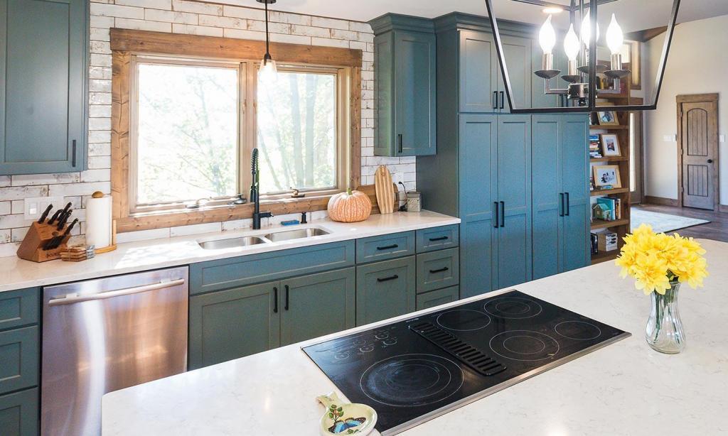 blue cabinets with white counters