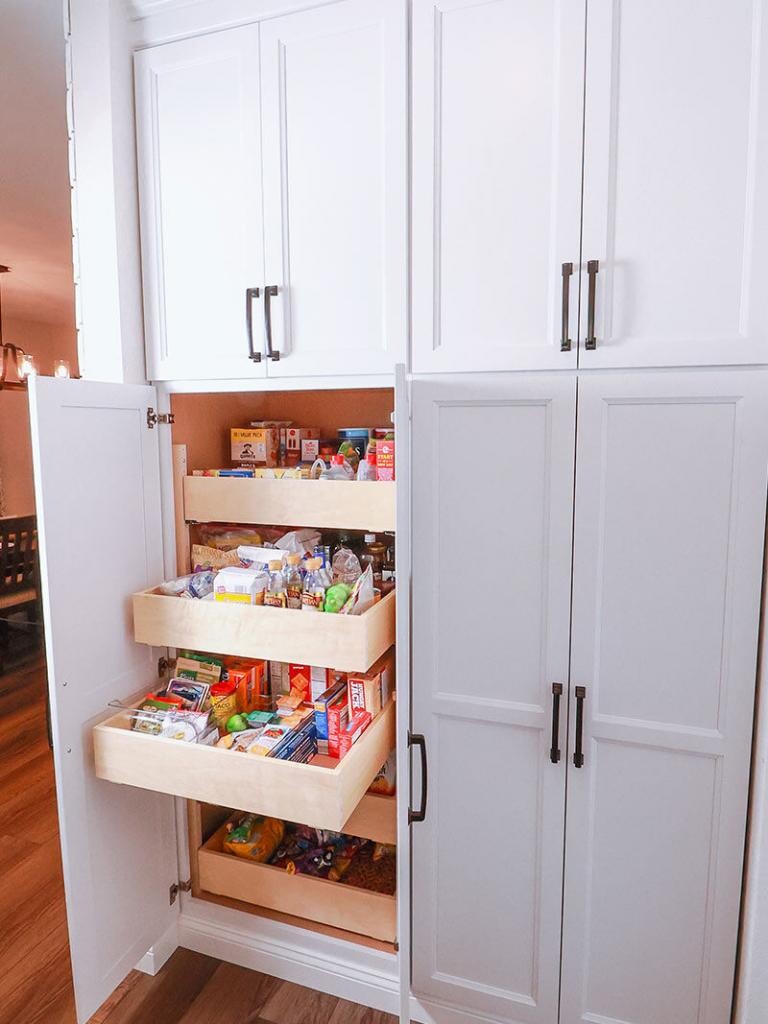 pull out storage drawers in a large kitchen pantry