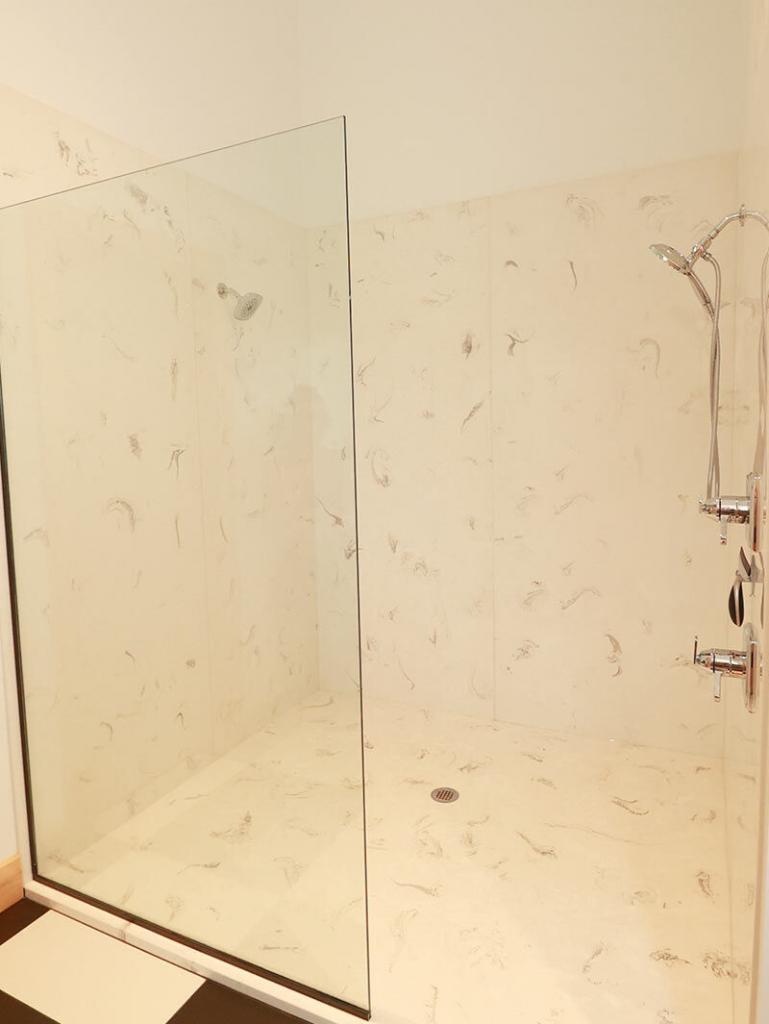 custom bathroom with white quartz
