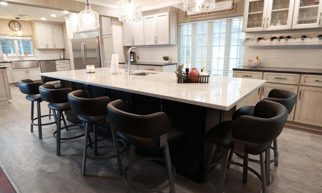 modern kitchen with distressed cabinets
