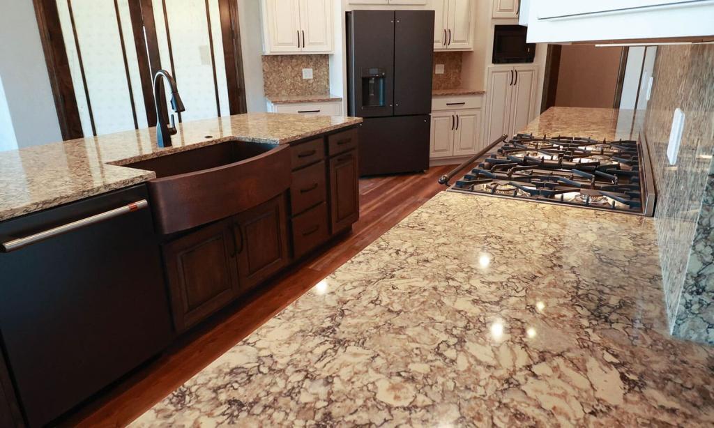 quartz counters with a copper sink